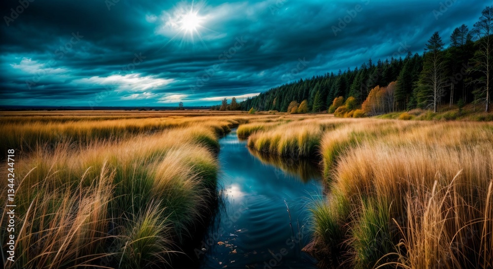 Obraz premium Sunlit river winding through golden grasses under a dramatic sky