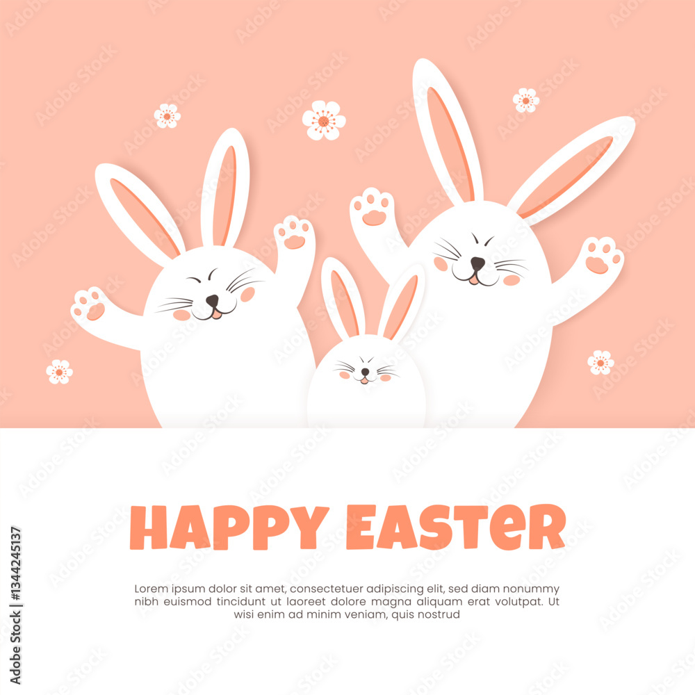 Fototapeta premium Happy Easter greeting card. Vector illustration with Easter bunnies, eggs and flowers on pink background. Hand drawn design.