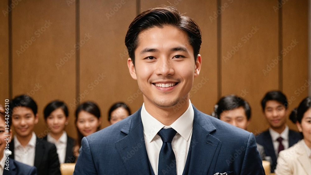 Happy Smiling Japanese Male Keynote Speaker in Blue Suit with Microphone at Formal Corporate Event: Inspiring Professional Presentation and Leadership in a Modern Business Conference Happy Smiling Japanese Male Keynote Speaker in Blue Suit with Microphone at Formal Corporate Event: Inspiring Professional Presentation and Leadership in a Modern Business Conference