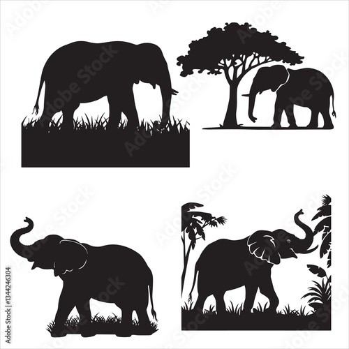 set vector various elephant, elephants and tress, Elephant family silhouette, African landscape scene with elephant, elephant in the forest