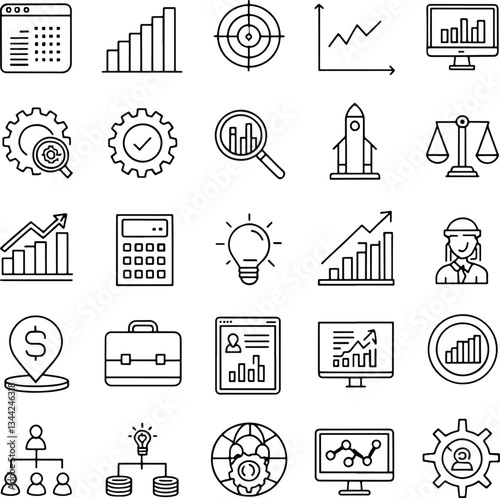 SEO Analytics Icon Set - Black Line Business, Marketing, Data, Web Optimization Outline Collection