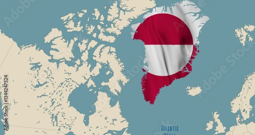 Animated world map with Greenland island in the colors of the national flag