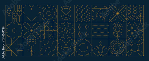 Abstract geometric line background. Minimal mosaic floral pattern with simple shapes and lines, nature icons. Vector modern botanic banner