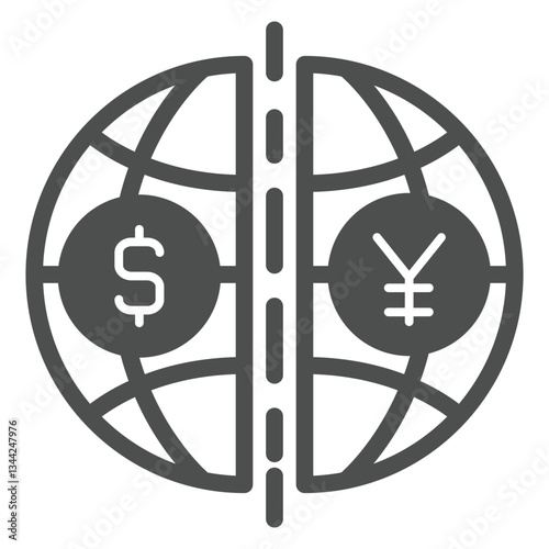 World globe and coins solid icon, global sanctions concept. Vector graphics. Planet with dollar, euro coin sign on white background, glyph style icon for mobile or web design.