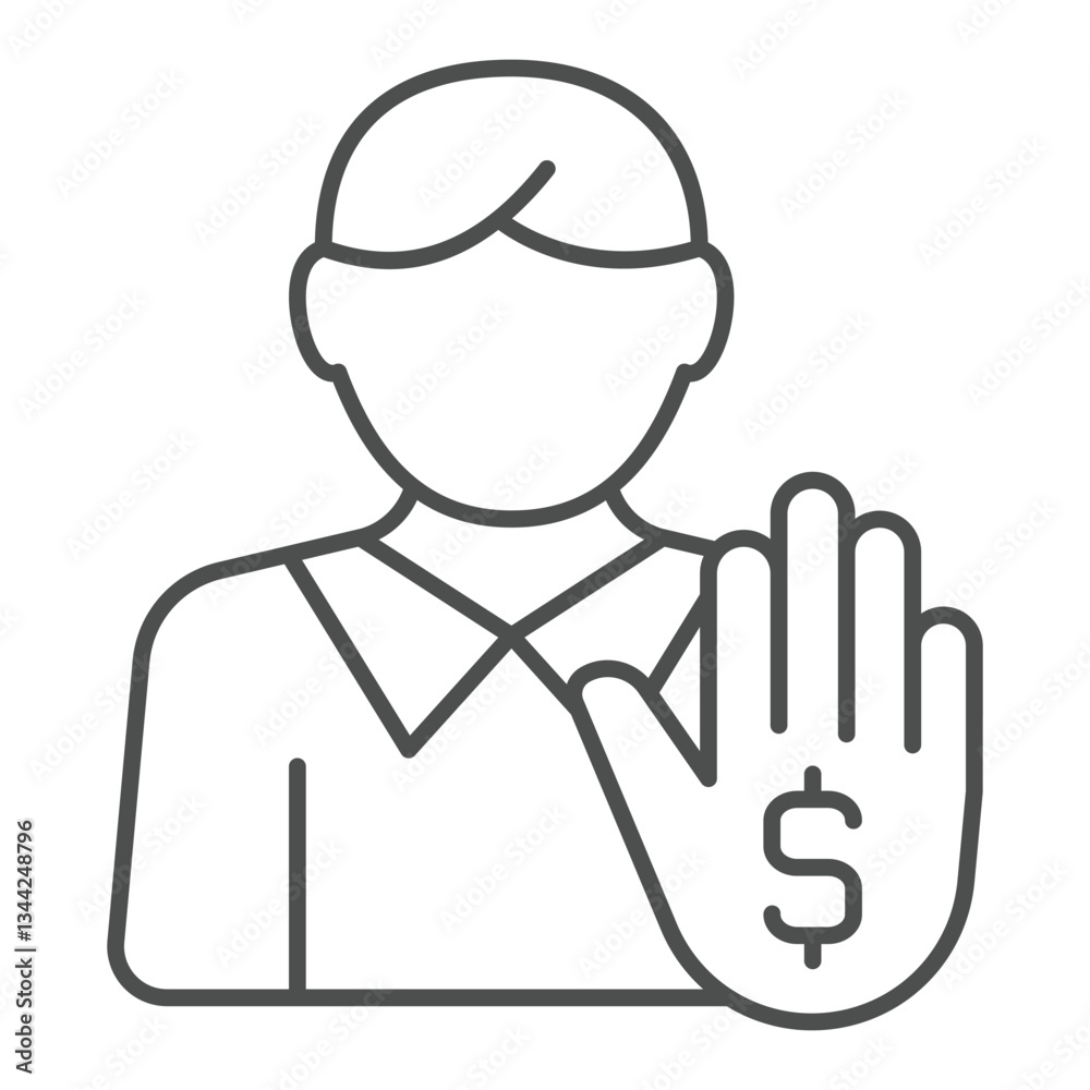 Manager man with stop hand thin line icon, world sanctions concept. Vector graphics. Male person and dollar palm sign on white background, outline style icon for mobile or web design. Manager man with stop hand thin line icon, world sanctions concept. Vector graphics. Male person and dollar palm sign on white background, outline style icon for mobile or web design.