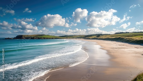Coastal beach scenery under a vibrant sky