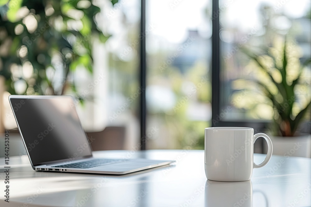 A serene workspace featuring a laptop and a coffee mug, surrounded by lush greenery and natural light. A serene workspace featuring a laptop and a coffee mug, surrounded by lush greenery and natural light.