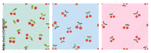 Seamless patterns of cherry fruit with green leaves on green, blue and pink backgrounds vector. 