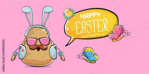 Vector rock star easter potato funny cartoon character with blue easter bunny ears isolated on pink horizontal banner background. rock n roll easter party poster or happy easter greeting card