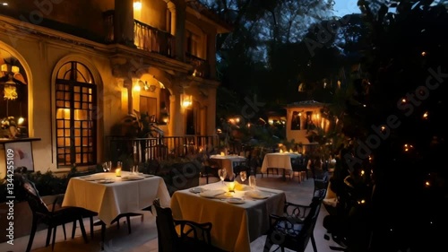 A restaurant patio with tables and chairs set up for a dinner party. The tables are covered with white tablecloths and the chairs are arranged around them. The atmosphere is warm and inviting