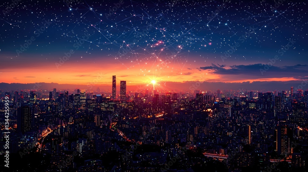 Obraz premium Stunning sunset over a vibrant city skyline with starry sky and urban life
