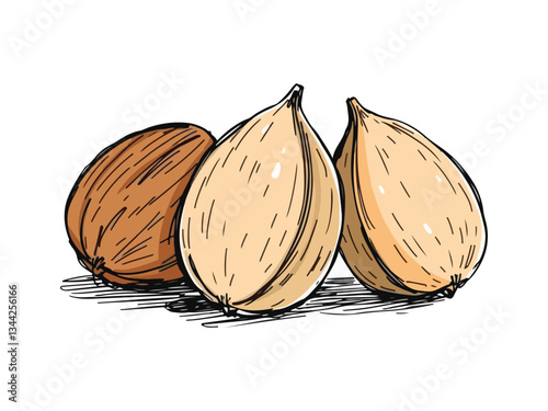 Close-up of three almonds on transparent background highlighting natural texture