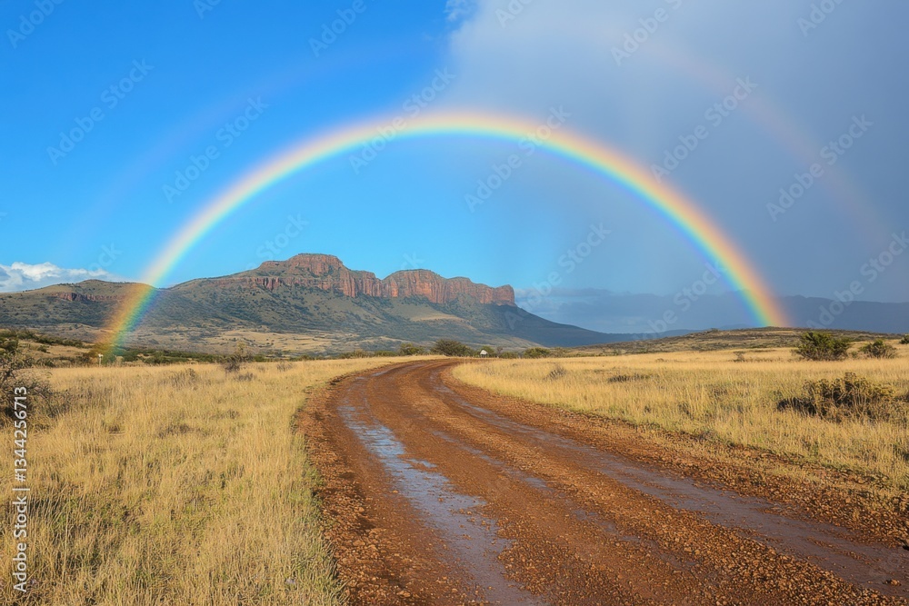 Landscape with a mountain and field under a blue sky displaying a full beautiful rainbow above a muddy road through the grass. Landscape with a mountain and field under a blue sky displaying a full beautiful rainbow above a muddy road through the grass.