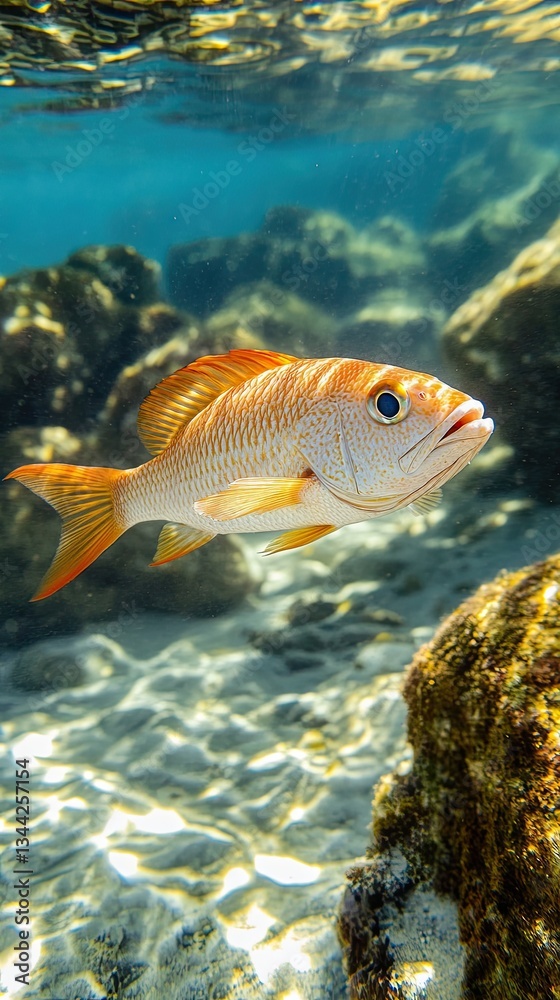Naklejka premium Vibrant fish swimming gracefully in clear blue water near rocky seabed.