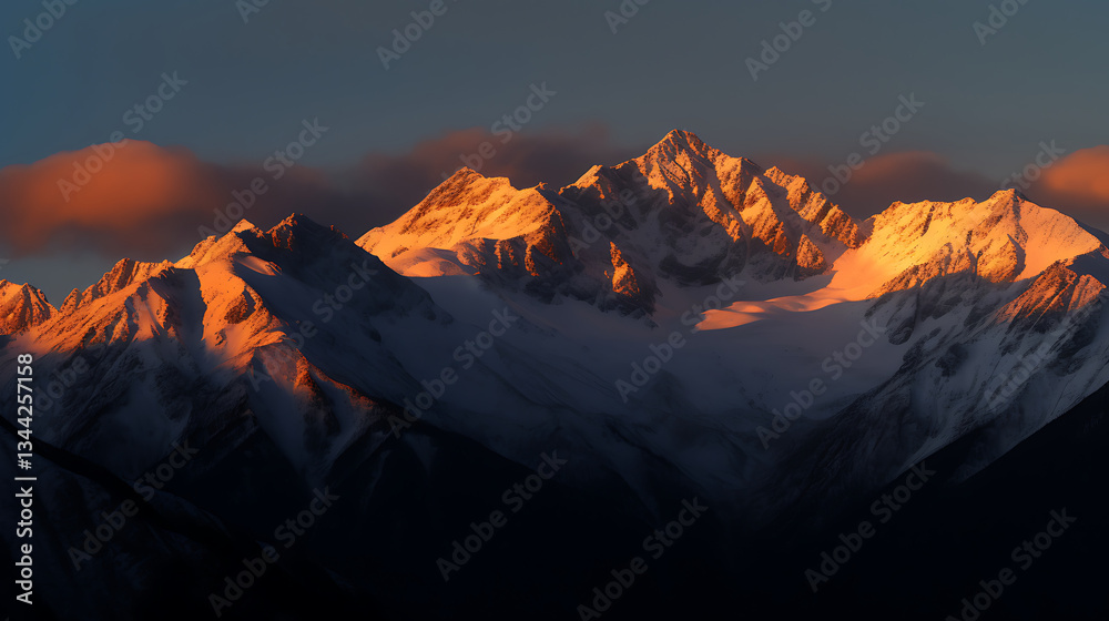 Naklejka premium Majestic Snow-Capped Mountains Under a Full Moon with Starry Sky
