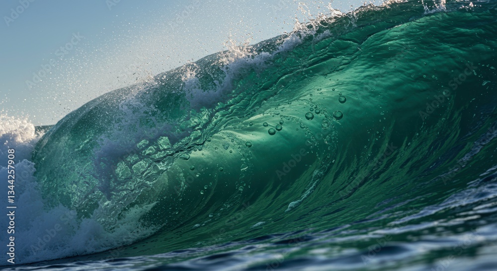 Obraz premium Oceanic Majesty: A breathtaking close-up shot of a cresting ocean wave, showcasing the raw power, vibrant colors, and intricate details of the natural world.