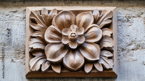 Ornate wooden flower carving on wall