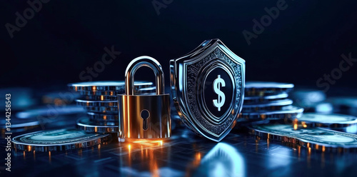A padlock and shield sit prominently amid stacks of coins, representing the importance of security in banking. photo