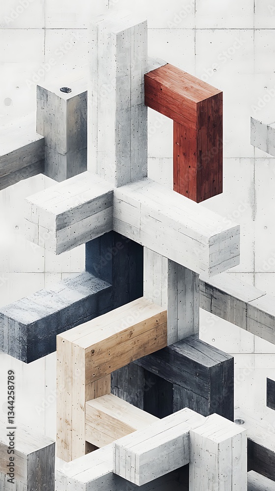 Abstract geometric composition of interlocking concrete and wooden blocks Abstract geometric composition of interlocking concrete and wooden blocks