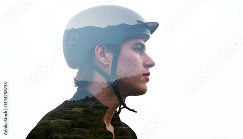 Healthy lifestyle: Portrait of a young man on a white background wearing a bicycle helmet, double exposure. His silhouette is inscribed with a beautiful landscape of a mountain nature park