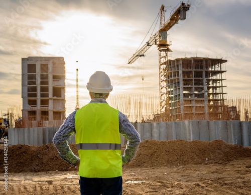 civil engineer stands looking at the construction site