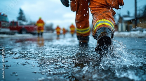 Firefighters walking through a flooded street during a rescue operation