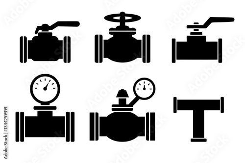Collection of Industrial Valve Icons for Hydraulic and Pneumatic Systems in Black Silhouette Style