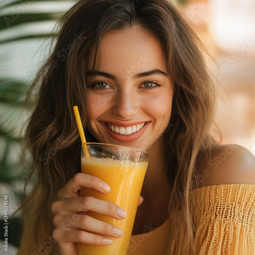 young woman drinking orange juice