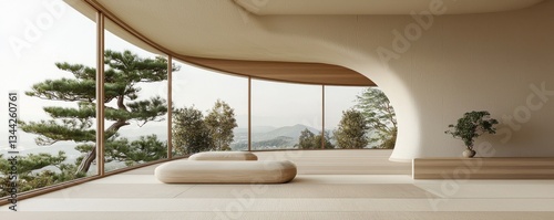 A serene interior space with curved architecture, large windows showcasing nature, and minimalist furnishings for a tranquil atmosphere.
