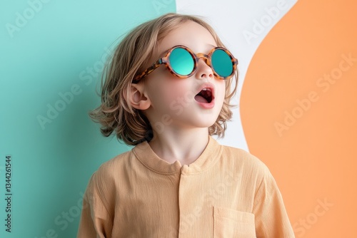 A blonde child wearing stylish tortoise-shell sunglasses with teal lenses against a colorful backdrop.
