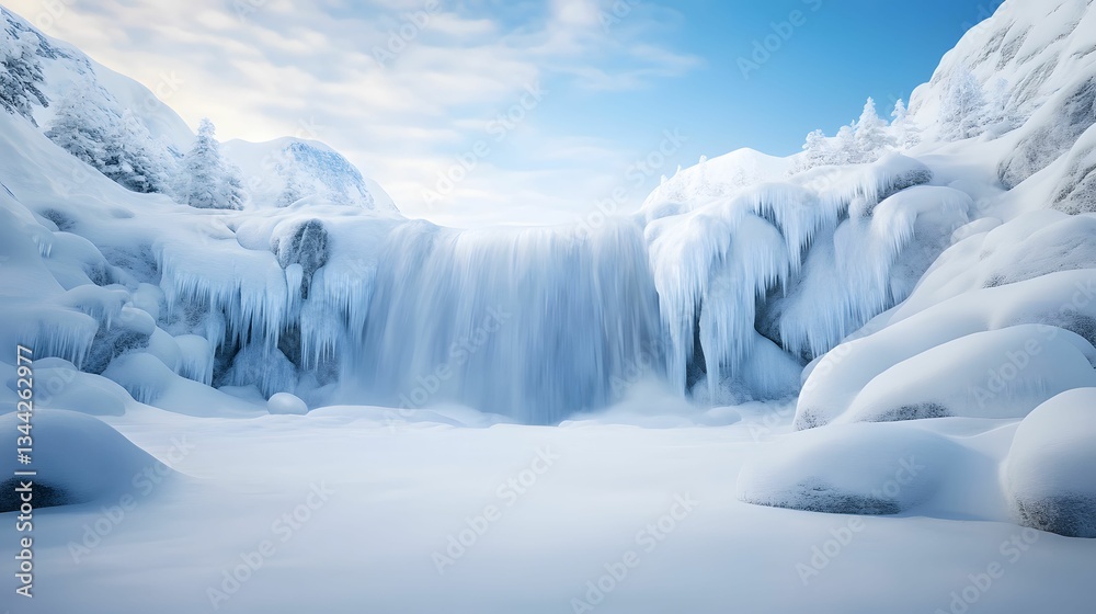 A serene winter landscape featuring a frozen waterfall surrounded by snow-covered rocks and trees under a clear blue sky. A serene winter landscape featuring a frozen waterfall surrounded by snow-covered rocks and trees under a clear blue sky.