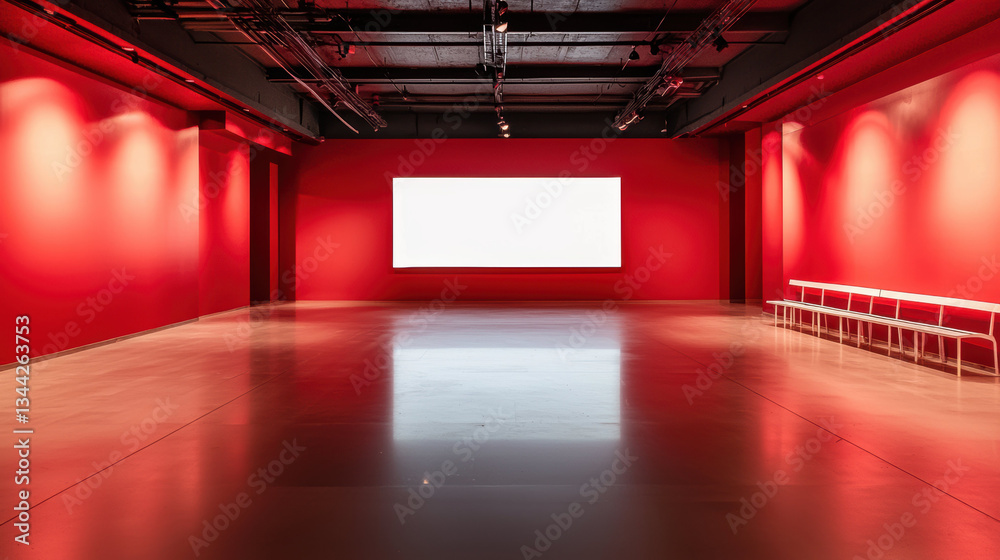 modern art gallery featuring deep red walls and large white display area, creating striking visual contrast modern art gallery featuring deep red walls and large white display area, creating striking visual contrast
