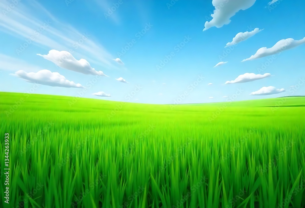 Fototapeta premium Generative AI Dreamscape Fresh Green Meadow under Azure Sky with Drifting Clouds