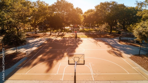 A serene outdoor basketball court surrounded by trees during golden hour.