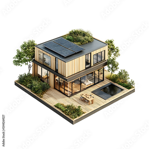 Eco-Friendly Modern Home: A contemporary architectural model showcases an environmentally conscious home, featuring solar panels, wooden facade, and integration with nature.