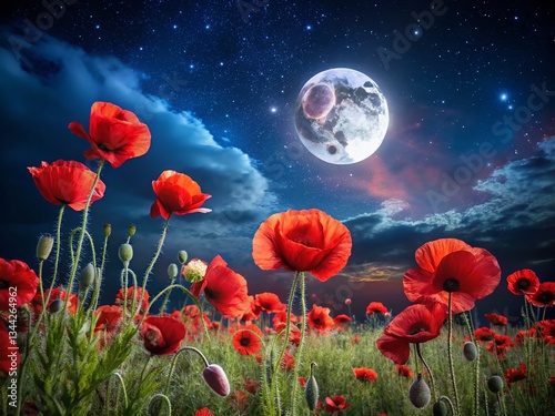 Night Bloom: Isolated Poppy Field Beauty in Moonlight