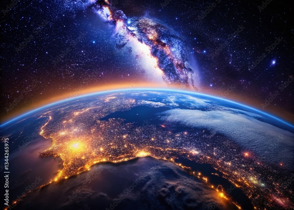 Fototapeta premium Night Earth: Minimalist City Lights & Galactic Glow Stock Photo