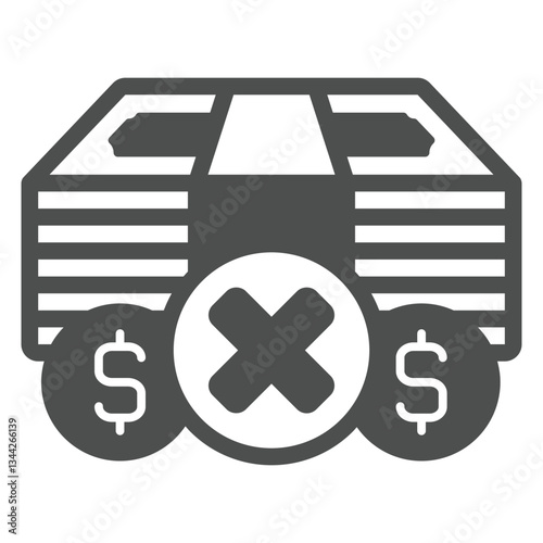 Money stack with coins forbidden solid icon, world sanctions concept. Vector graphics. Dollar coins and paper banknotes sign on white background, glyph style icon for mobile or web design.