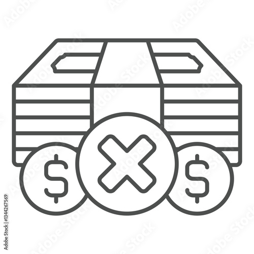Money stack with coins forbidden thin line icon, world sanctions concept. Vector graphics. Dollar coins and paper banknotes sign on white background, outline style icon for mobile or web design.