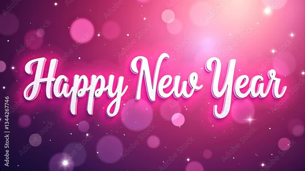 Animated festive Happy New Year banner with sparkly pink and purple bokeh background