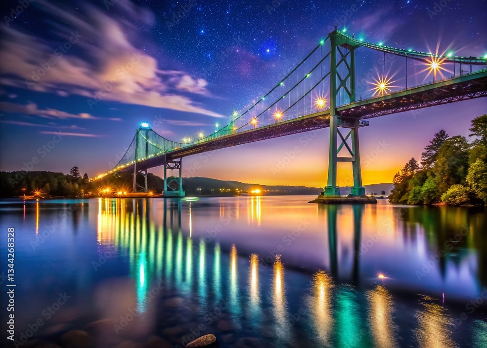 Fototapeta premium Night Photography: Thousand Islands Bridge, St. Lawrence River, Canada - Scenic Illuminated Landscape