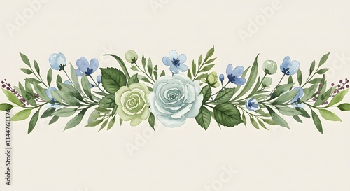 Wallpaper Mural Watercolor Floral Border with Roses and Blue Flowers Decoration Torontodigital.ca