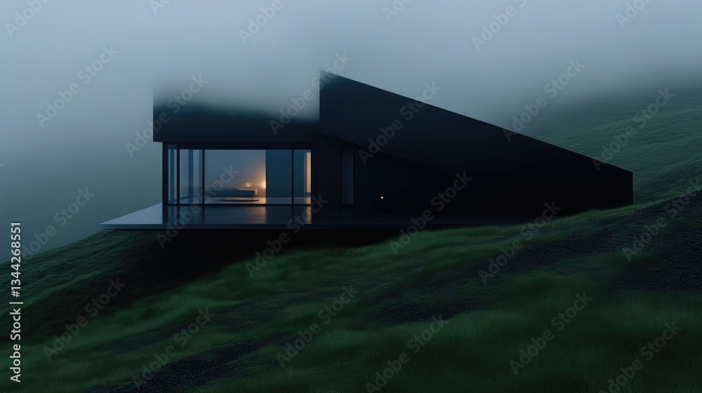 Fototapeta premium Modern house on a hill in a mist