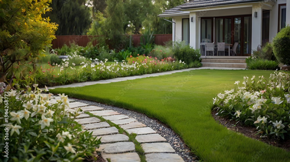 a photo of a beautiful front yard garden, short cut green grass, tall flowers and jasmine, X-T5 23MM, shallow depth of field, blurred background a photo of a beautiful front yard garden, short cut green grass, tall flowers and jasmine, X-T5 23MM, shallow depth of field, blurred background