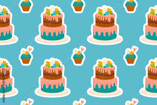 A colorful seamless pattern featuring two-tiered Easter cakes with pink and blue icing, cupcakes, and festive decorations. Ideal for gift wrapping, fabric prints, and seasonal stationery.