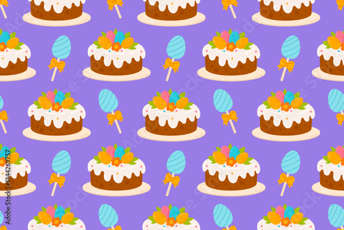 A seamless pattern featuring Easter cakes decorated with icing, candy eggs, and festive lollipops on a vibrant purple background. Perfect for seasonal packaging, textiles, and festive designs.
