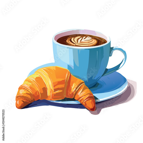 cup of coffee and croissant minimalistic oil painting in the style of Impressionism, high resolution print