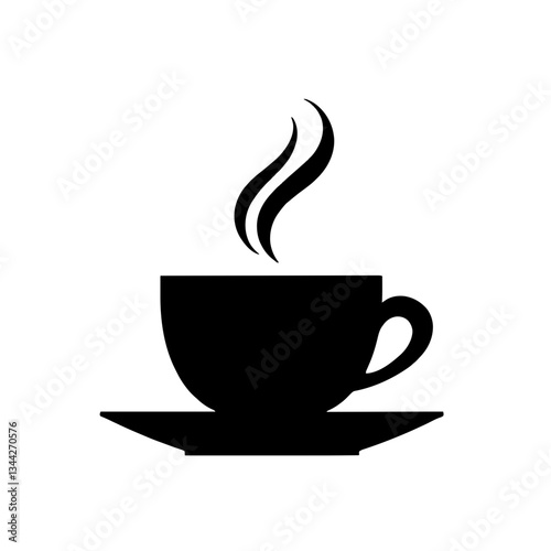 Minimalist black silhouette of a steaming coffee cup on a saucer