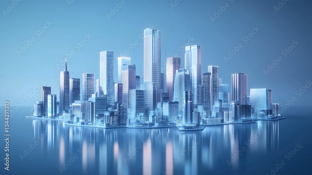 Futuristic Skyline with Modern Architecture and Reflection on Water Futuristic Skyline with Modern Architecture and Reflection on Water