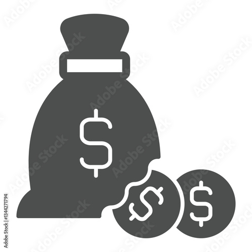 Money bag with coin solid icon, finance concept. Vector graphics. Dollar money sack with coins sign on white background, glyph style icon for mobile or web design.